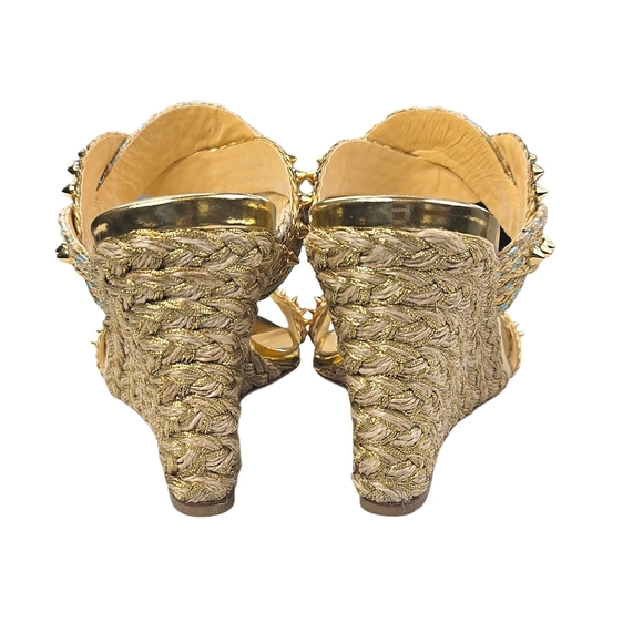 CHRISTIAN LOUBOUTIN Braided Gold-Studded Leather Wedge Sandals - Picture 6 of 13